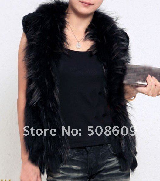   Knitted Rabbit Fur Vest Gilet with Raccoon Fur Collar Fashion  