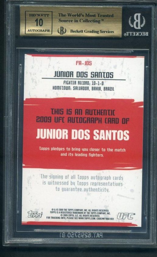 2009 Topps UFC Round 2 Junior Dos Santos Rc Rookie Auto BGS 9.5 
