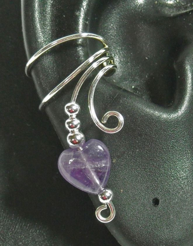 Curly Q Ear Cuff Wrap Charm with Amethyst Heart Bead  