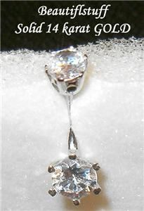 14 Karat white GOLD Navel Bar Genuine Cubic Zirconias  