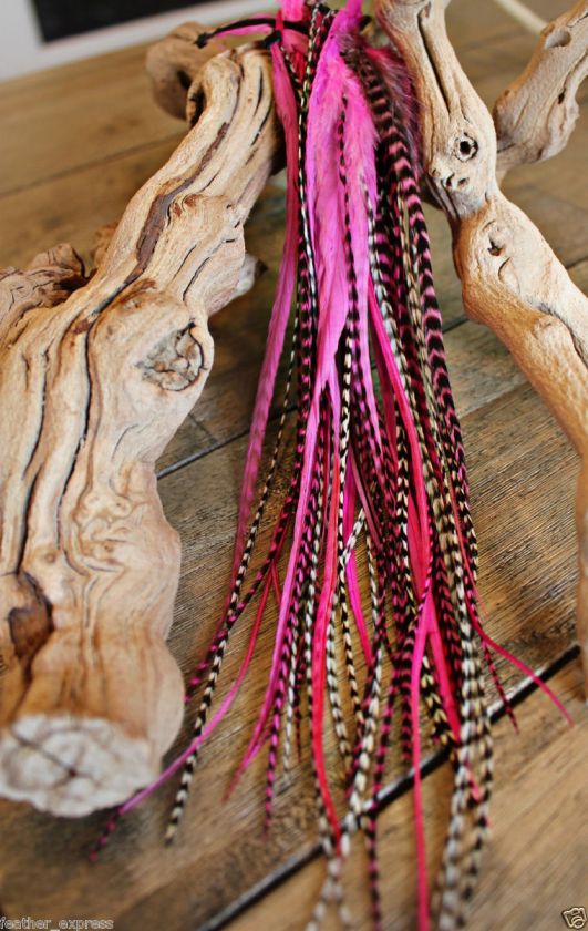 100% REAL HOT PINK WHITING LONG FEATHER HAIR EXTENSION +TOOLS  