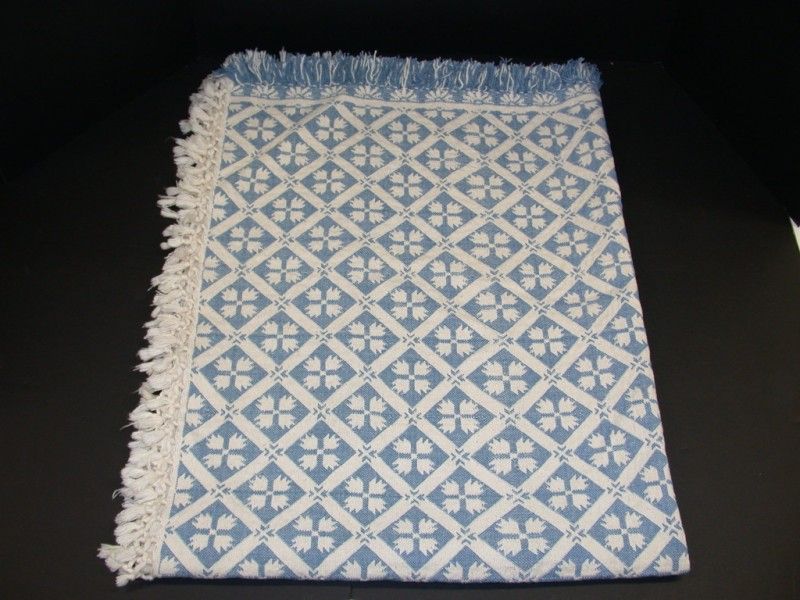 Woven & Fringed Tablecloth ~ Blue Cream ~ 40 x 52  