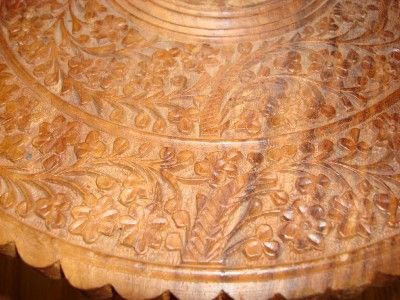 VINTAGE HAND CARVED FLOWERS WOOD PORTABLE ROUND TABLE  