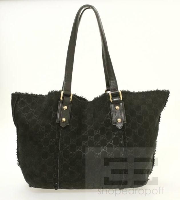 Gucci Black Suede Monogram Shearling Jolicoeur Large Tote Bag  