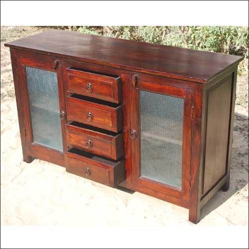   Solid Wood Rustic Glass Sideboard Buffet Storage Cabinet Furniture NEW