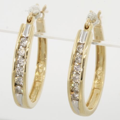 Fine Estate Diamond 14k Gold Oblong Oval Hoop Earrings  