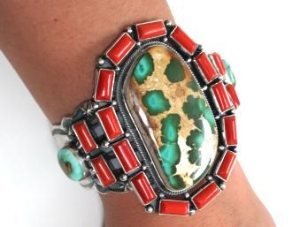 Aaron Toadlena Green Turquoise &Red Coral Cluster Cuff  