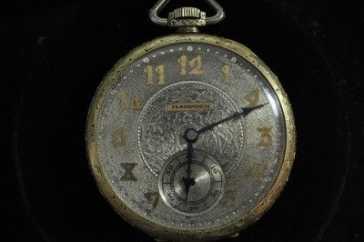 VINTAGE 12 SIZE HAMPDEN PAUL REVERE 17J GREEN GOLD FILLED POCKET WATCH 