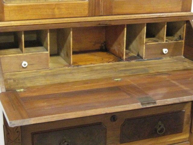 Antique Burl Walnut Eastlake Secretary Desk w Bookcase  