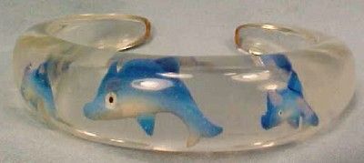 Scarce Vintage BLUE DOLPHINS in CLEAR LUCITE CHILDS CUFF BRACELET A 