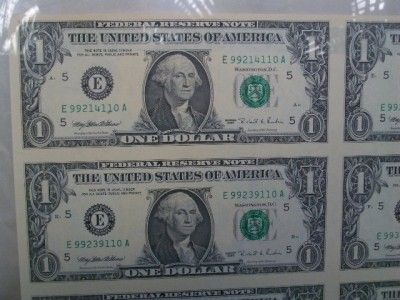 US ONE DOLLAR BILL Uncut Sheet of 16 Framed(Glass Both Sides) 1995 