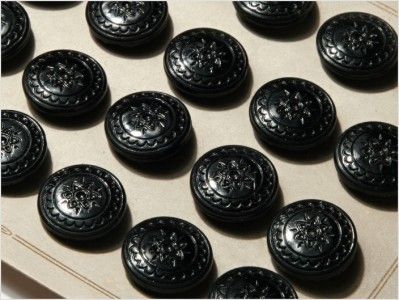 CARD (24) ANTIQUE VTG CZECH BLACK Floral GLASS BUTTONS 20´s 18 mm 