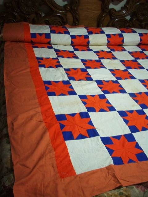 GREAT VINTAGE BLUE/ORANGE STAR QUILT TOP #E9  