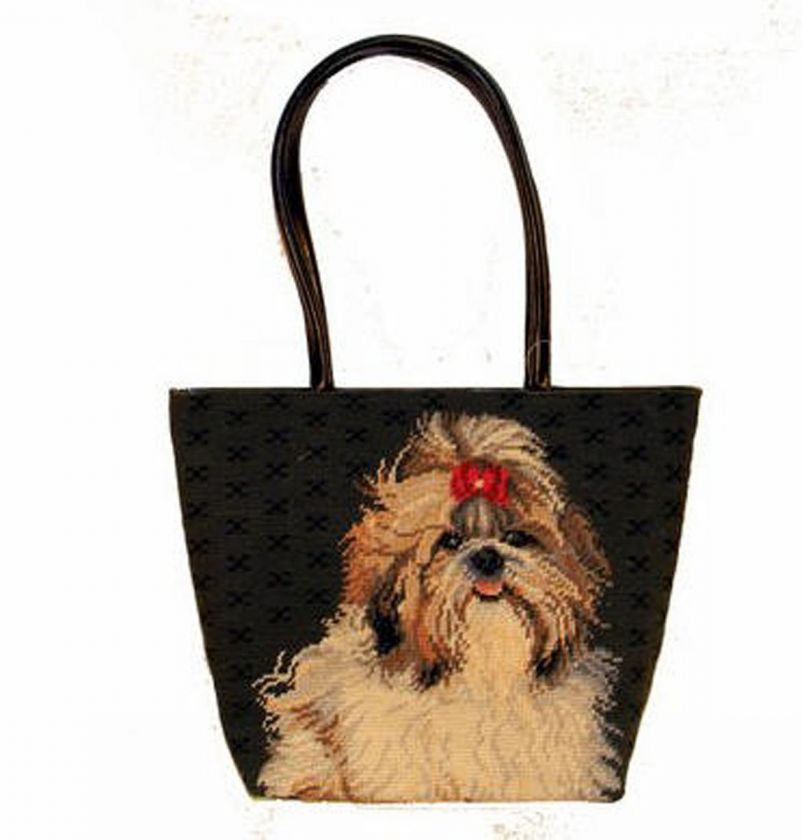 Needlepoint and Leather Handbag   Shih Tzu  