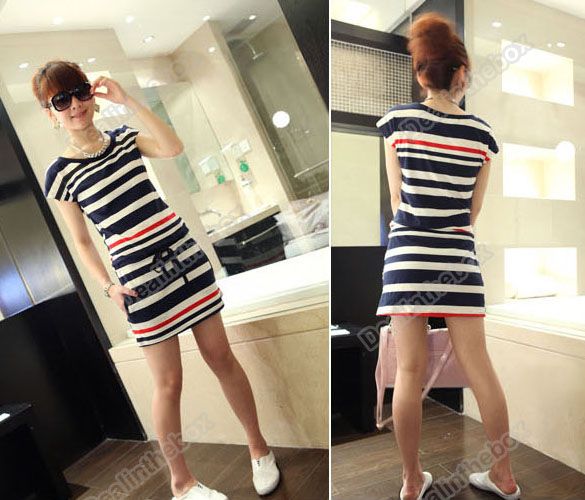   Round Neck Navy Strip Slim Short Sleeve T shirt Dress Skirt top  