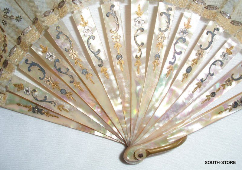   MOP HANDPAINTED SILK & TULLE FAN w/ SEQUINS. MORE FANS LISTED  