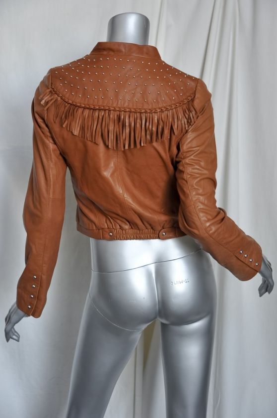 DOMA Womens Tan LAMBSKIN LEATHER Western Studded Fringe Bomber Jacket 