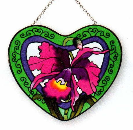 Stained Glass HEART CATTLEYA ORCHID Suncatcher    NEW  