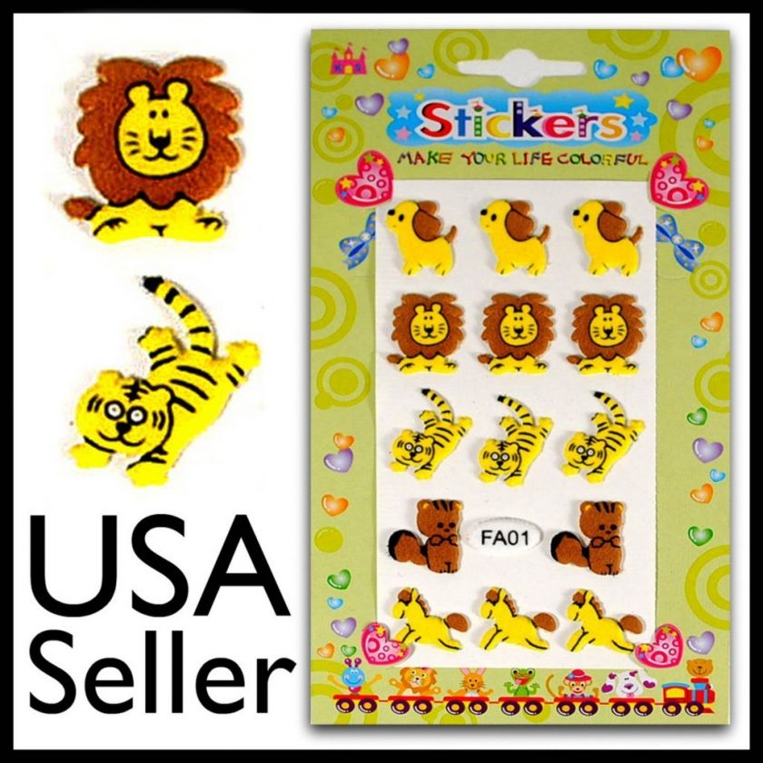 FUZZY ANIMAL STICKER Lion Tiger Horse Felt Scrapbook  