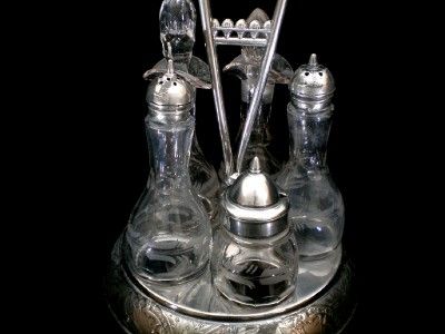 Antique 19th Century Victorian English Silverplate Etched Cruet Set 