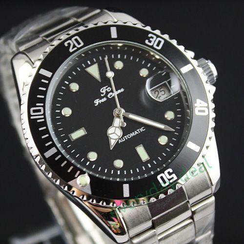 Black Case Date Automatic Night Light Steel Watch Mens  