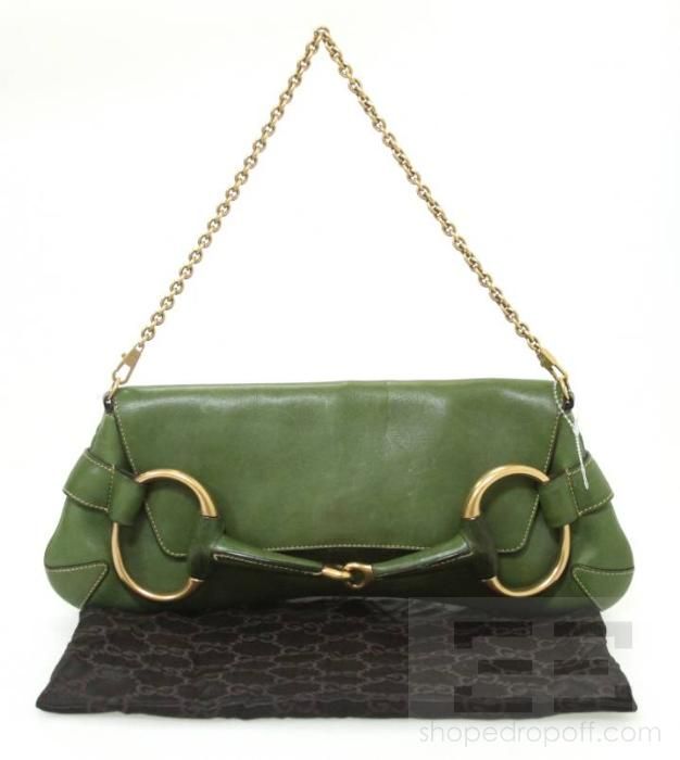 Gucci Green Leather Horsebit Chain Strap Shoulder Flap Bag  