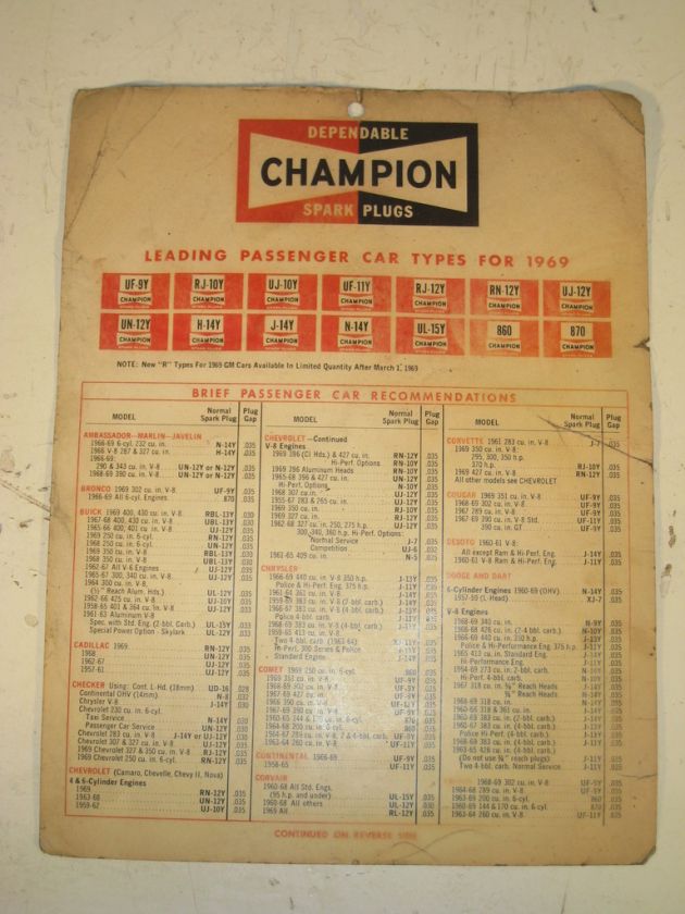 VINTAGE CHAMPION SPARK PLUG REFERENCE SHEET FROM 1969 CHEVY 396 427 