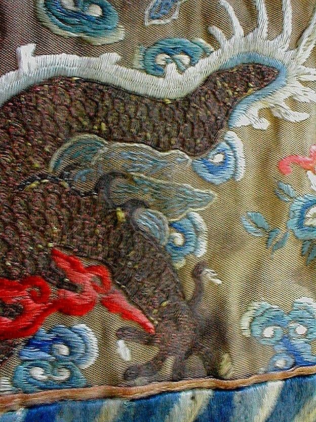 SUPERB CHINESE DRAGON SILK METAL EMBROIDERY PANEL c1850  