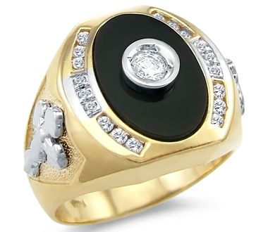 Mens Cross Ring Onyx CZ 14k Yellow White Gold Cubic Zirconia (3/4 CT 