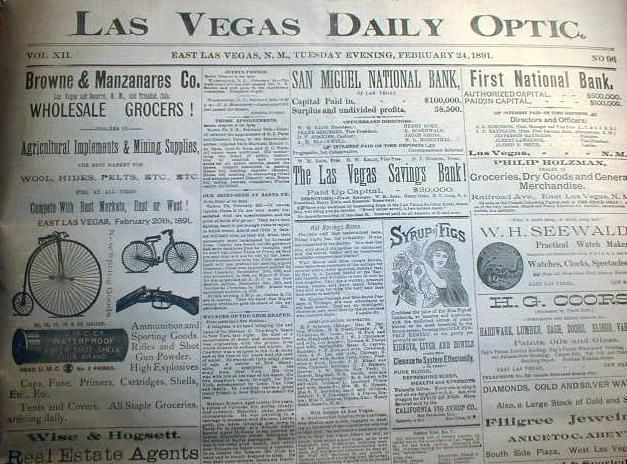 Rare Orig 1891 newspaper LAS VEGAS New Mexico Territory  