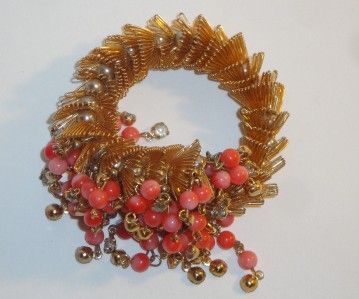 VINTAGE MIRIAM HASKELL GENUINE CORAL CLUSTER DANGLE BRACELET  