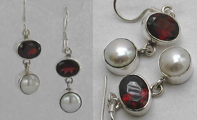 Artisan Garnet Gemstone Pearl Sterling Silver Earrings Bali  