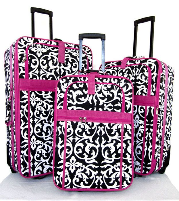 3Piece Luggage Set Travel Bag Rolling Wheel Floral Pink  