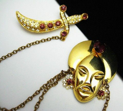 Vtg Sultan & Sword Chatelaine Double Brooch Face Pin  