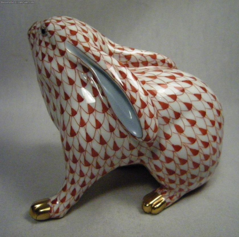 Herend Red Fishnet and Gold Porcelain Rabbit  