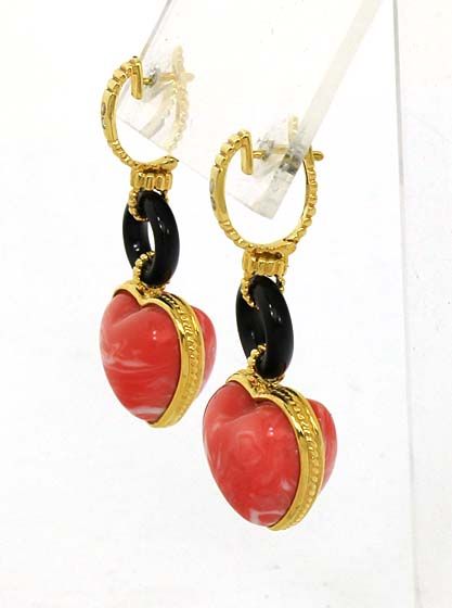 BEAUTIFUL 14K, ONYX & HAND CARVED CORAL HEART EARRINGS  