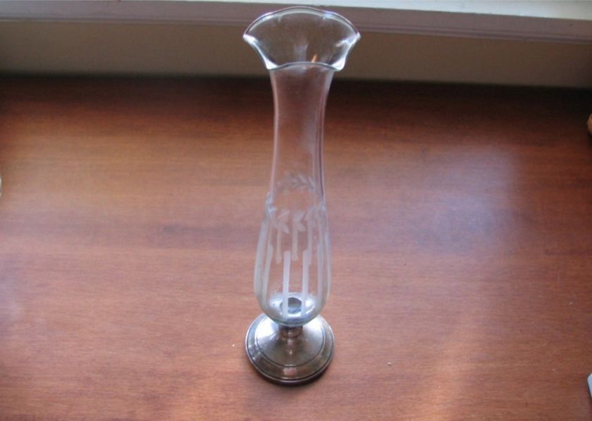 Tall Crystal Bud Vase Cut Leaf Design Sterling Base  