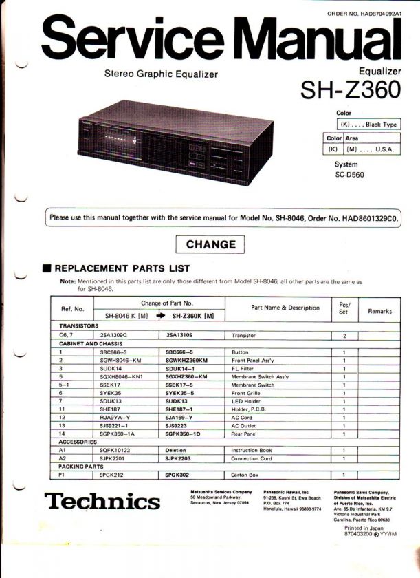 TECHNICS SH Z360 SH 8046 SERVICE MANUAL ORIGINAL FREE USA SHIPPING 