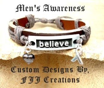 GREY~GRAY~MENS~RIBBON Awareness~BELIEVE~JEWELRY BRACELET~SUPPORT 