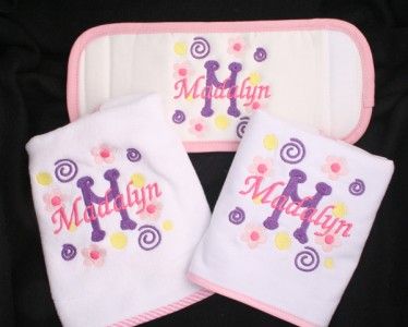 Personalized Monogrammed 3 pc set Bib, Burp, Koozie for Boy or Girl 